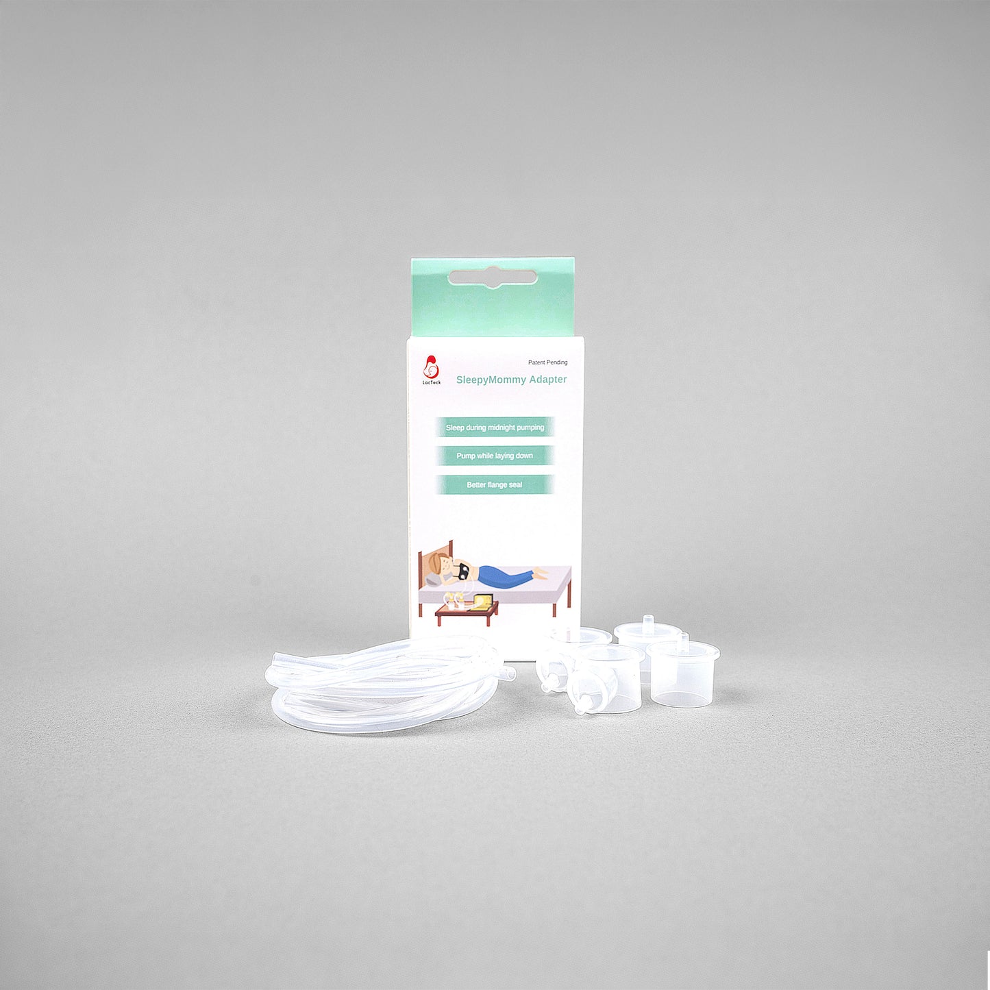 LacTeck SleepyMommy Adapter pair connecting breast pump flange to bottle adapter, allowing moms to pump comfortably while lying down.