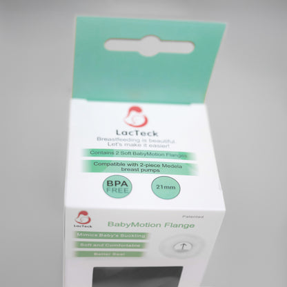 A pair of LacTeck soft silicone breast pump flanges sizes 12mm-27mm shown in product packaging.