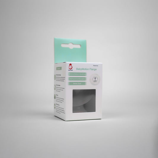 A pair of LacTeck BabyMotion soft silicone flanges for comfort shown in packaging with multiple size options.