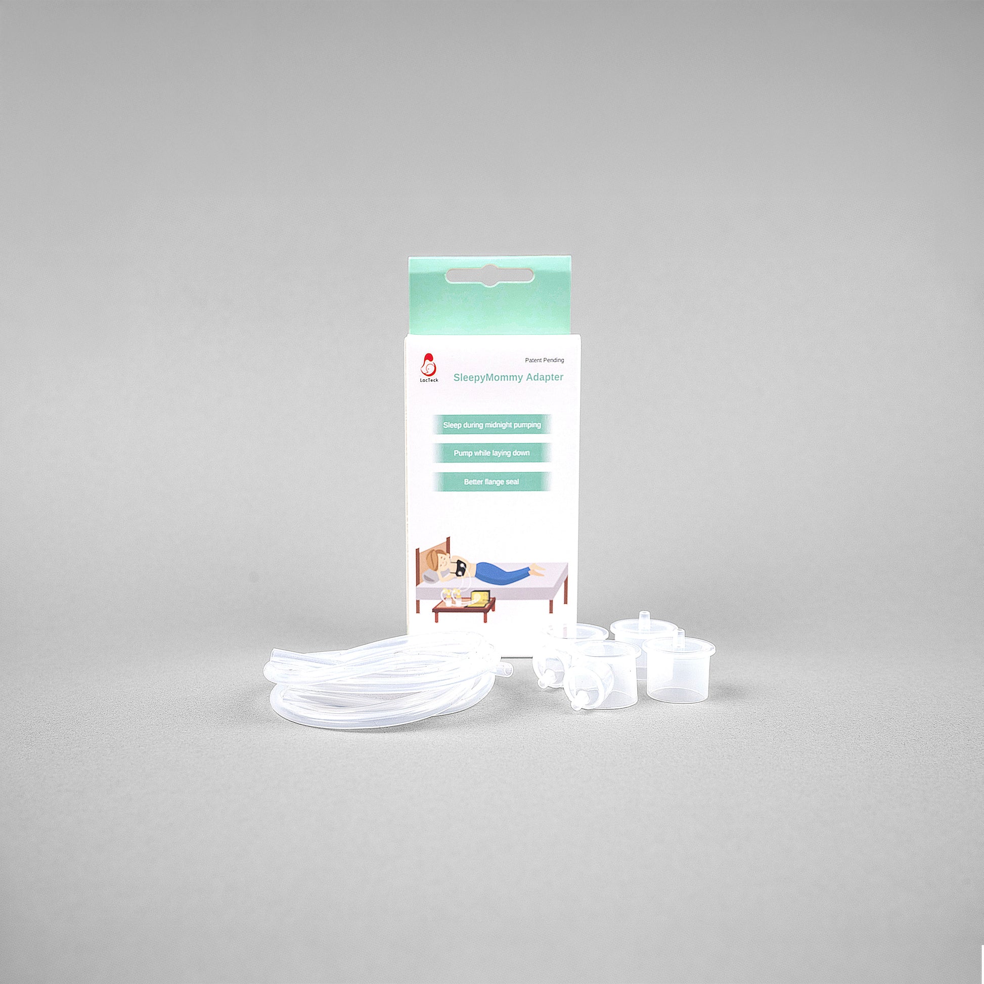 LacTeck SleepyMommy Adapter pair connecting breast pump flange to bottle adapter, allowing moms to pump comfortably while lying down.